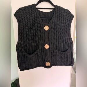 Classic Black Chunky Knit Button Front Vest-Semi-Cropped